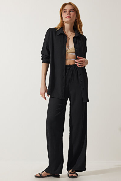 Happiness İstanbul Women's Black Comfortable Knitted Shirt Pants Set KH00090