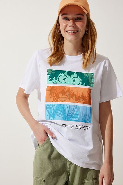 Happiness İstanbul Tricou tricotat supradimensionat cu imprimeu de culoare albă pentru femei WO00034