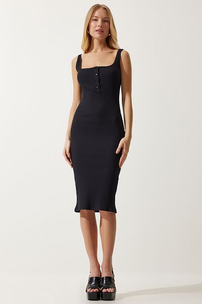 Happiness İstanbul Schwarzes geripptes Strickkleid mit geknöpften Trägern für Damen, PG00093