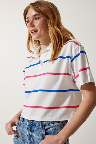 Happiness İstanbul Dámské krátké pletené tričko Ecru Pink Polo s límcem HF00454
