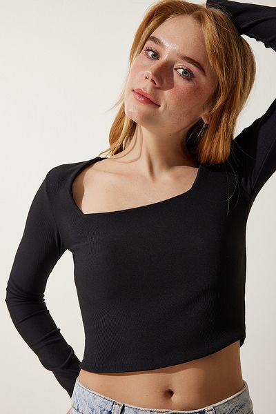 Happiness İstanbul Women's Black and White Square Collar Ribbed 2-Pack Crop Knitted Blouse AN00180