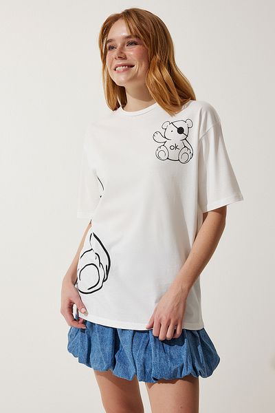 Happiness İstanbul Weißes bedrucktes Oversize-Strick-T-Shirt für Damen HF00457