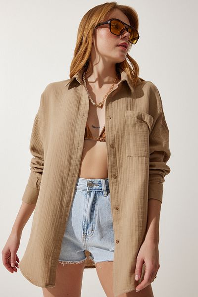 Happiness İstanbul Beiges Oversize-Musselin-Shirt mit Taschen für Damen MX00150