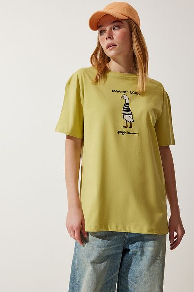 Happiness İstanbul Ölgrünes, besticktes, übergroßes Strick-T-Shirt für Damen NJ00140