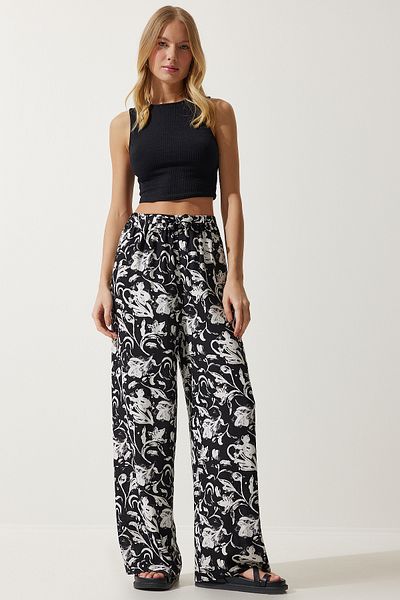 Happiness İstanbul Damen-Palazzo-Hose aus fließender Viskose in Weiß und Schwarz mit Muster EN00606