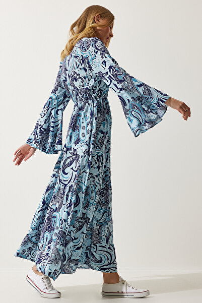 Happiness İstanbul Női égszínkék mintás nyári viszkóz ruha DD01303