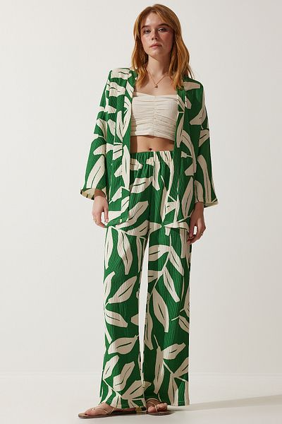 Happiness İstanbul Dunkelgrünes gemustertes Crinkle-Sommerjacke-Palazzo-Set für Damen DD01304