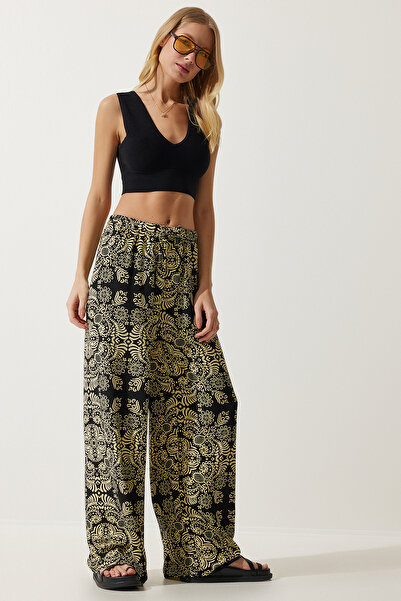 Happiness İstanbul Dámské černé béžové vzorované surové plátěné kalhoty Palazzo BH00397