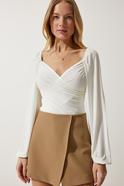 Happiness İstanbul Dámská pletená halenka Ecru s elastickým balonovým rukávem Sandy FF00154