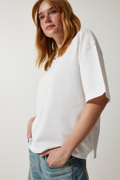 Happiness İstanbul Női törtfehér prémium nyakú, nagyméretű, kötött póló AH00160