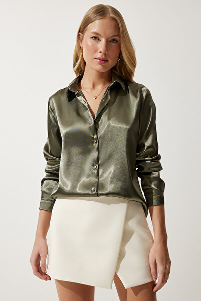 Happiness İstanbul Γυναικείο πουκάμισο σε σκούρο χακί ανοιχτό ρέον σατέν επιφάνειας DD00990