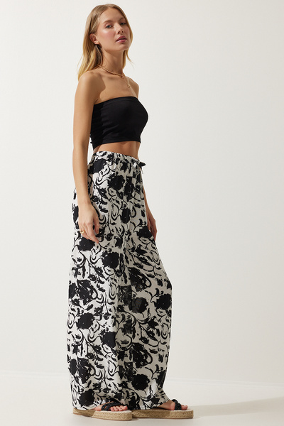 Happiness İstanbul Dámské zářivé bílé vzorované splývavé viskózové kalhoty Palazzo EN00606