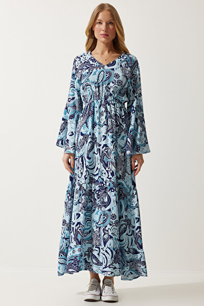 Happiness İstanbul Női égszínkék mintás nyári viszkóz ruha DD01303