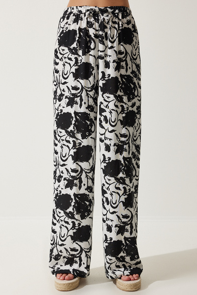 Happiness İstanbul Dámské zářivé bílé vzorované splývavé viskózové kalhoty Palazzo EN00606