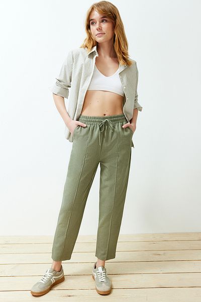 Trendyol Collection Khaki Elastic Waist Pull on Linen Blend Woven Pants Twoss24Pl00144