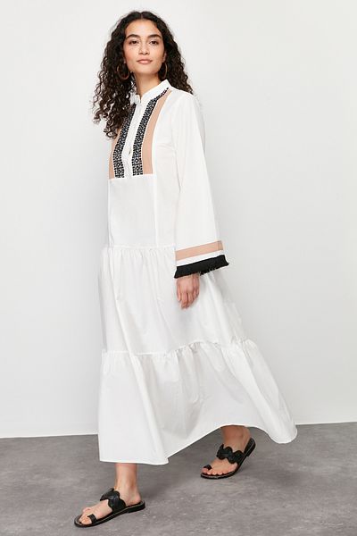 Trendyol Modest Ecru Embroidery and Tassel Detailed Woven Dress TCTSS24EB00134