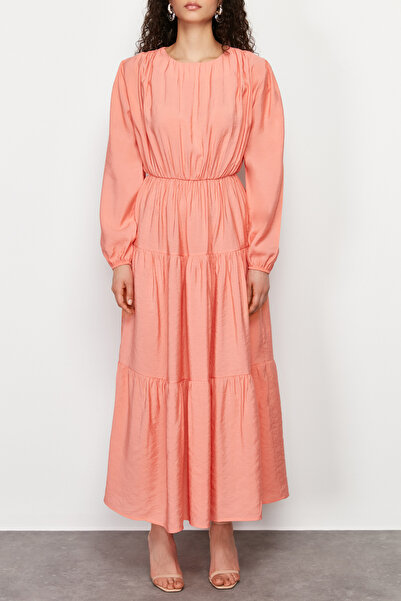 Trendyol Modest Φόρεμα με ροδακινί μπαλόνι υφαντό TCTSS24EB00165