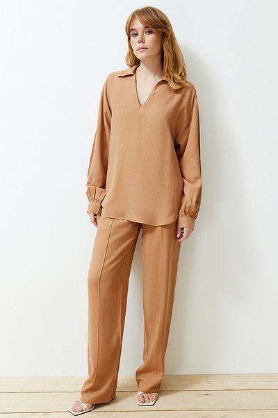 Trendyol Collection Camel Wide-Cut V-Neck Blouse Straight/Straight-Cut Pants Woven Bottom-Top Suit TWOSS24AU00023