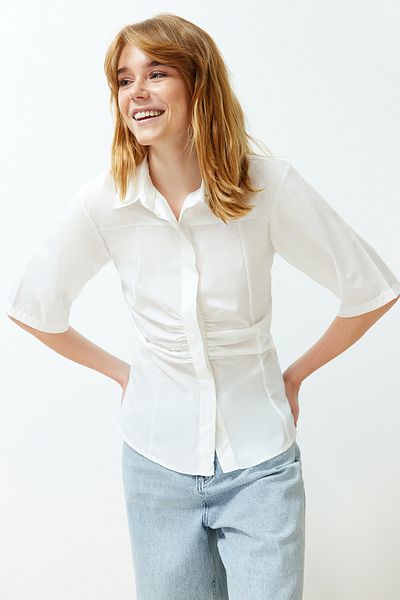 Trendyol Collection Ecru Short Sleeve Fitted/Waist Fitted Woven Shirt with Gather Detail on the Front TWOSS24GO00103