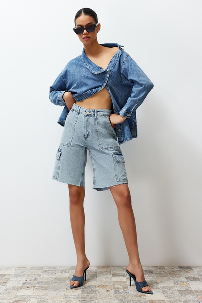 Trendyol Collection Светлосин карго джоб с висока талия Denim Bermuda Twoss24Sr00091