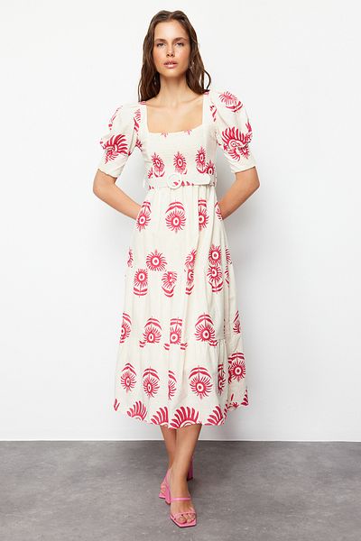 Trendyol Collection Μίντι υφαντό φόρεμα με ροζ στάμπα με τετράγωνο λαιμό λινό με ζώνη TWOSS24EL00779