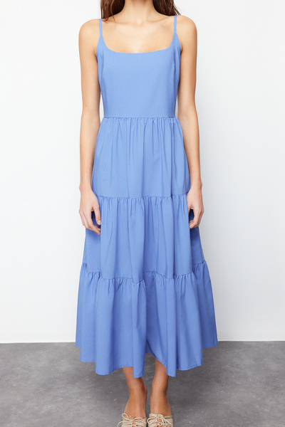 Trendyol Collection Indigová sukně s rozepínáním v pase Maxi tkané šaty ze směsi bavlny TWOSS24EL00386