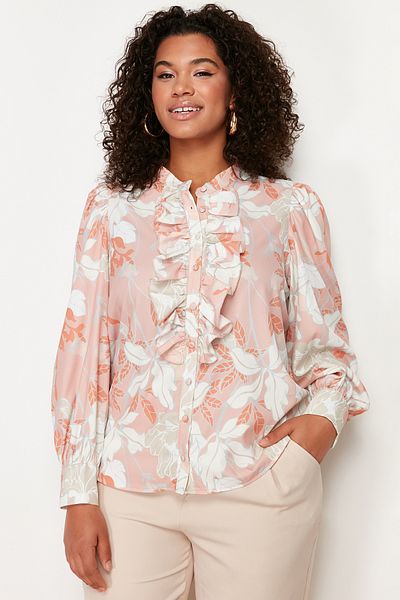 Trendyol Curve Orangefarbenes, gewebtes Chiffon-Hemd mit Blumenrüschen TBBSS24AX00004