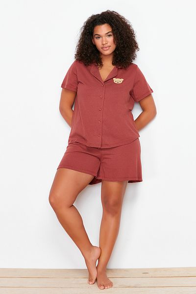 Trendyol Curve Cinnamon Cotton Teddy Bear Embroidered Knitted Pajamas Set TBBSS24AI00034