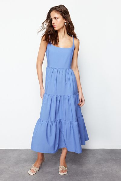 Trendyol Collection Fustă Indigo cu deschidere în talie Rochie țesută maxi din amestec de bumbac TWOSS24EL00386