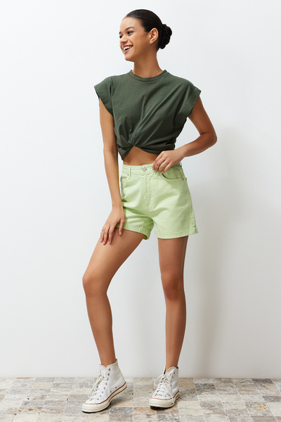 Trendyol Collection Water Green Leg Fold High Waist Denim Shorts TWOSS20SR0231