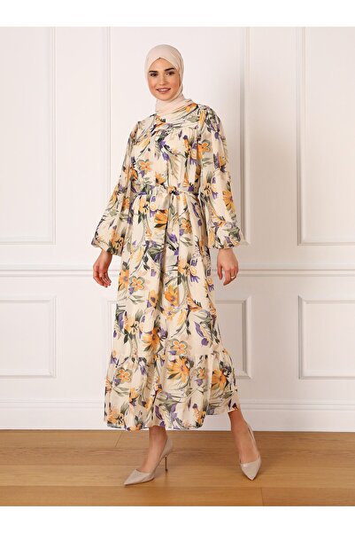 Refka Full Lined Balloon Sleeve Floral Patterned Chiffon Hijab Dress - Purple Yellow - Refka