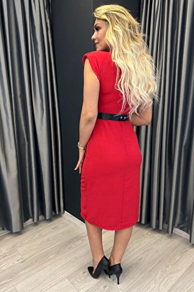Aychayla Kırmızı Etek Büzgülü Vatkalı Kemerli Ayrobin Elbise