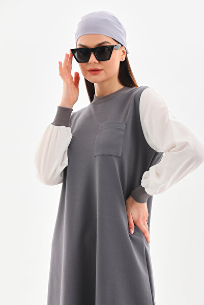 Elif Okur Tesettür Uzun Sweat Tunik Gömlek Kollu 110cm Füme 1256