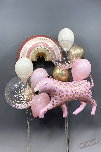 PARTİAVM Retro Rainbow Balloon Soft Gold Color Cute Pink Panther and Retro Ra...