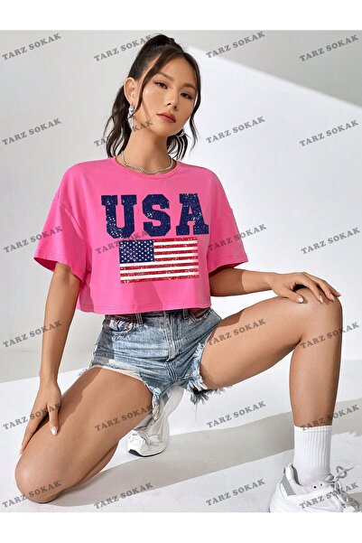 Adrift Cultură COD- 232913   Scurt cu umăr în afara steagului american și grafic cu litere