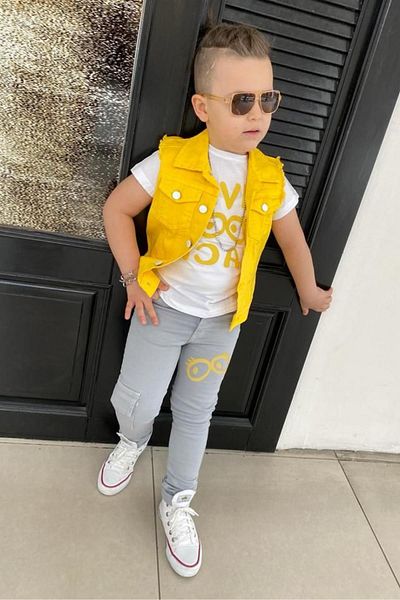 Riccotarz Boy's Eye and Text Printed T-Shirt Zero Sleeve Jean Yellow Vest Bottom Top Set