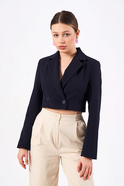 Bukamiss Women's Navy Blue Double Breasted Crop Blazer Jacket