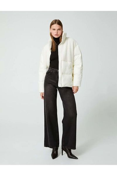 Koton Women's Clothing Coat Hooded Zipper Ecru