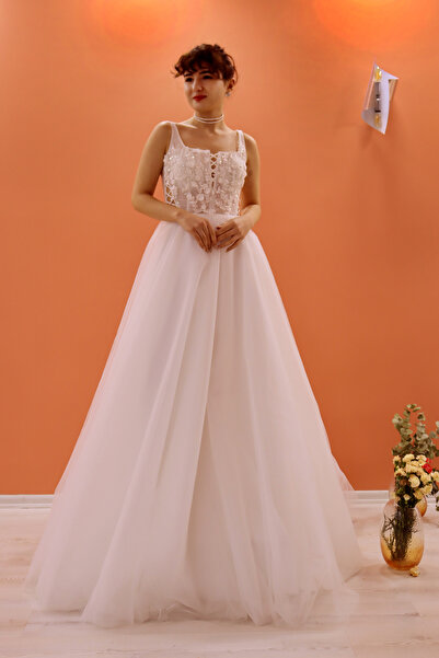 Kısmet Melissa ipli Korseli - Kare Yaka Transparan Beden Tül - A kesim Gelinlik