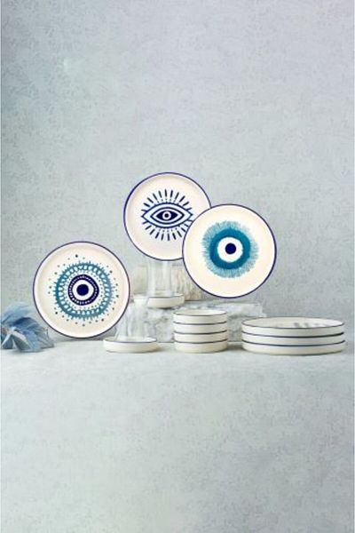 Kevin Seramik 18 Pieces Stackable Breakfast Set & Tea Set with Evil Eye Beads for 6 People - Hand Made