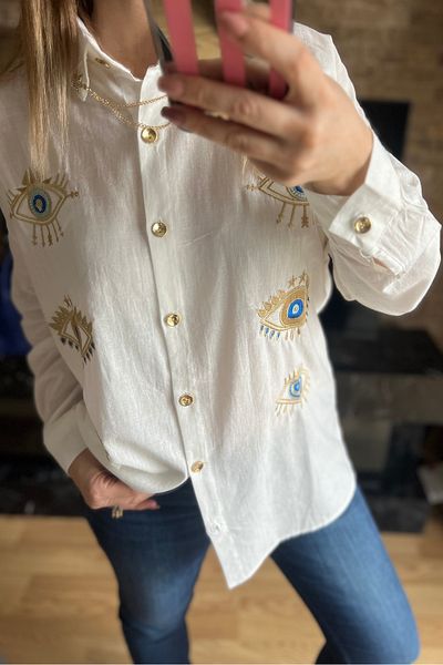 Cardella Gold Eye Embroidery Chain and Button Detailed Woven Oversize Wide Fit Women's Tunic Shirt