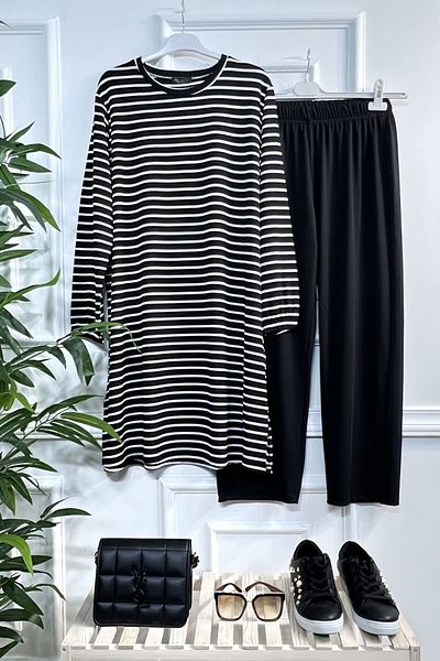 Aşkı Endam Large Size Tuana Striped Corded Full Flexible Double Set - Black