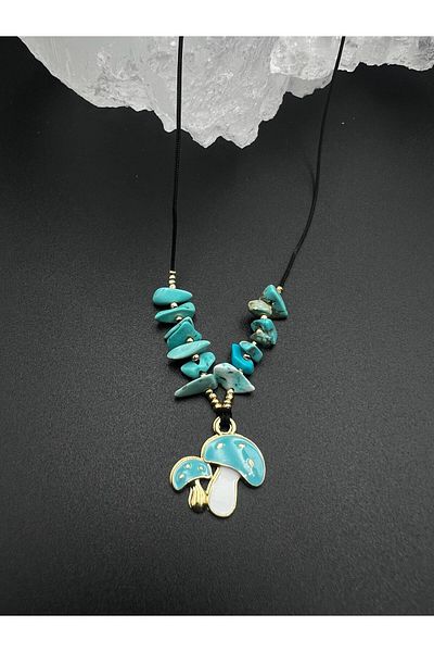 Doğal Taş Dünyası Certified Turquoise Natural Stone Design Necklace Mushroom Object Detailed AAA Quality