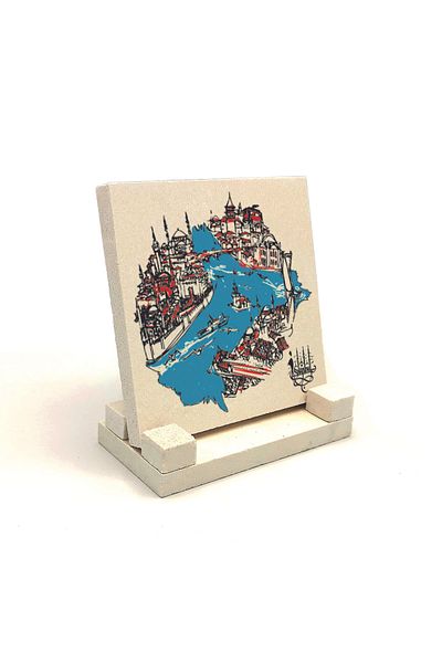 Sadrazam Suport de birou din piatră naturală imprimat Istanbul Strait și Golden Horn 10x10 Krt-31