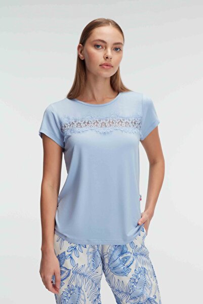 ANIL AMBALAJ Anil 9885 κοντό μανίκι Crew λαιμόκοψη γυναικεία βισκόζη με λουλουδάτο σχέδιο με καλοκαιρινό πλεκτό δαντέλα λεπτομερές σετ πιτζάμες