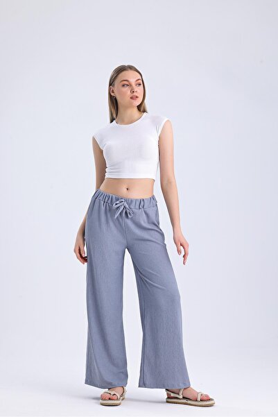 Miss Murem Wide Leg Raschel Trousers-GREY