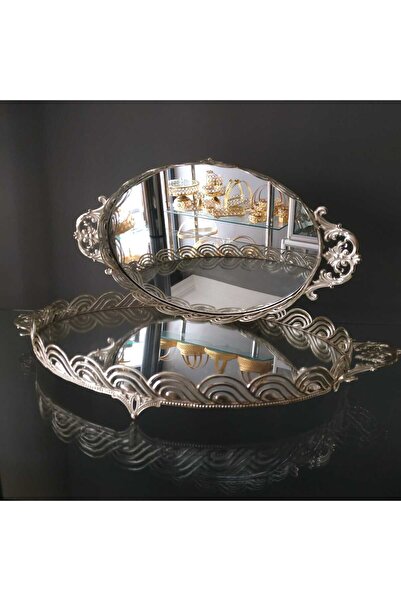 HİLALKRİSTAL Gümüş Aynalı Oval 2 li Tepsi Seti Söz Tepsisi