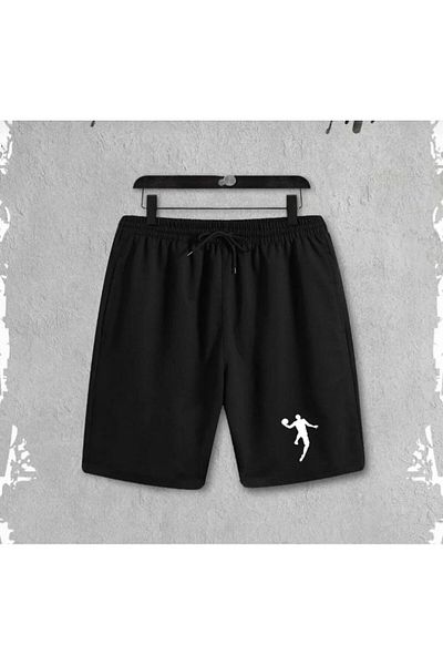 ANSECO STUDİO Unisex Μαύρο Σορτς με στάμπα με χτενισμένο βαμβακερό ανδρικό σορτς