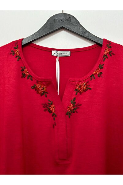 Desen Triko Kadın Açma Yaka Uzun Kol İşlemeli Penye Bluz Kırmızı