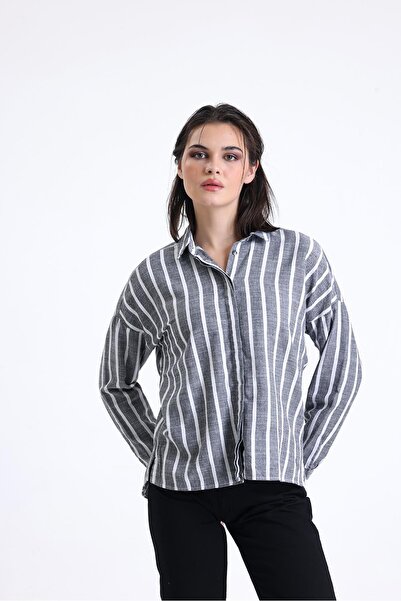 Miss Murem Çizgili Patlı Derya Gömlek-ANTRASİT